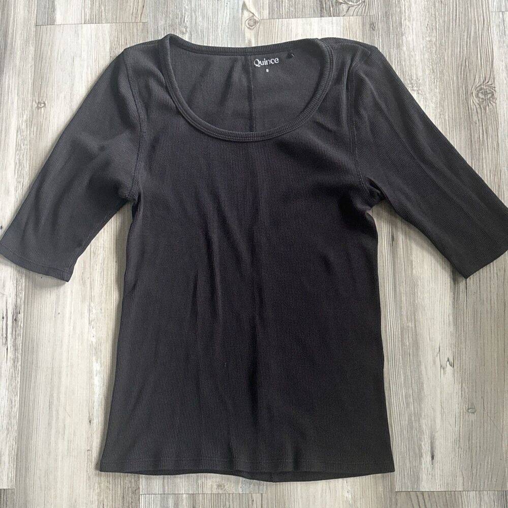 Quince Black Organic  Cotton 3/4 Sleeve Ribbed Shirt Made In India Size Small